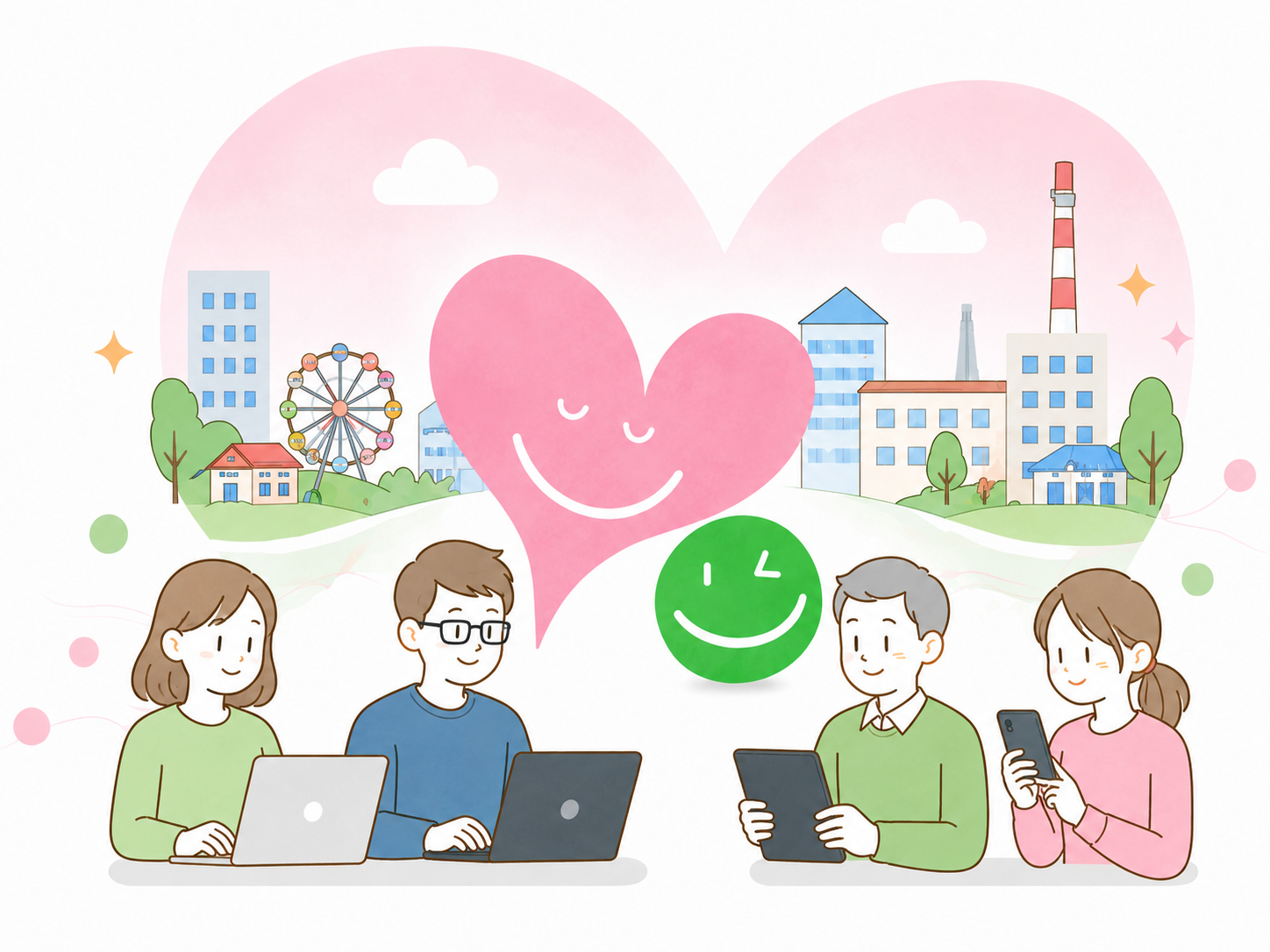 四日市の街とハピよかのITサポートを表すイラスト